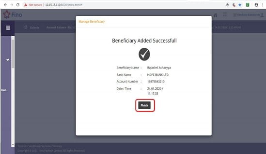 fino bank settlement account added successfully