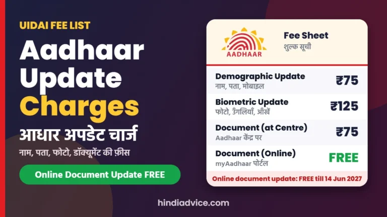 Aadhaar Update Charges UIDAI शुल्क सूची: Demographic ₹75, Biometric ₹125, Online Document Update मुफ़्त